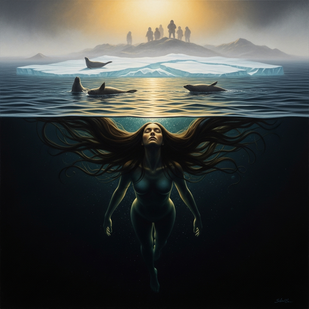 When the last tangle is free, Sedna's hair spreads weightless in the black water. Far above, seals find the leads in the ice. The hunters waiting in the morning feel the change before they see it.
