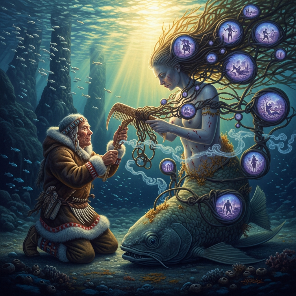 At the bottom of the sea, the shaman kneels before Sedna and works the comb through tangles that hold the names of every violation. Each knot freed is a confession spoken aloud into the dark.