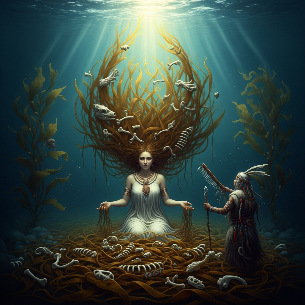 At the bottom of the sea, Sedna sits with her hair spreading around her like kelp. The tangles hold the violations of the hunt — bones discarded without ceremony, animals mocked, taboos broken. A shaman descends to comb them free.
