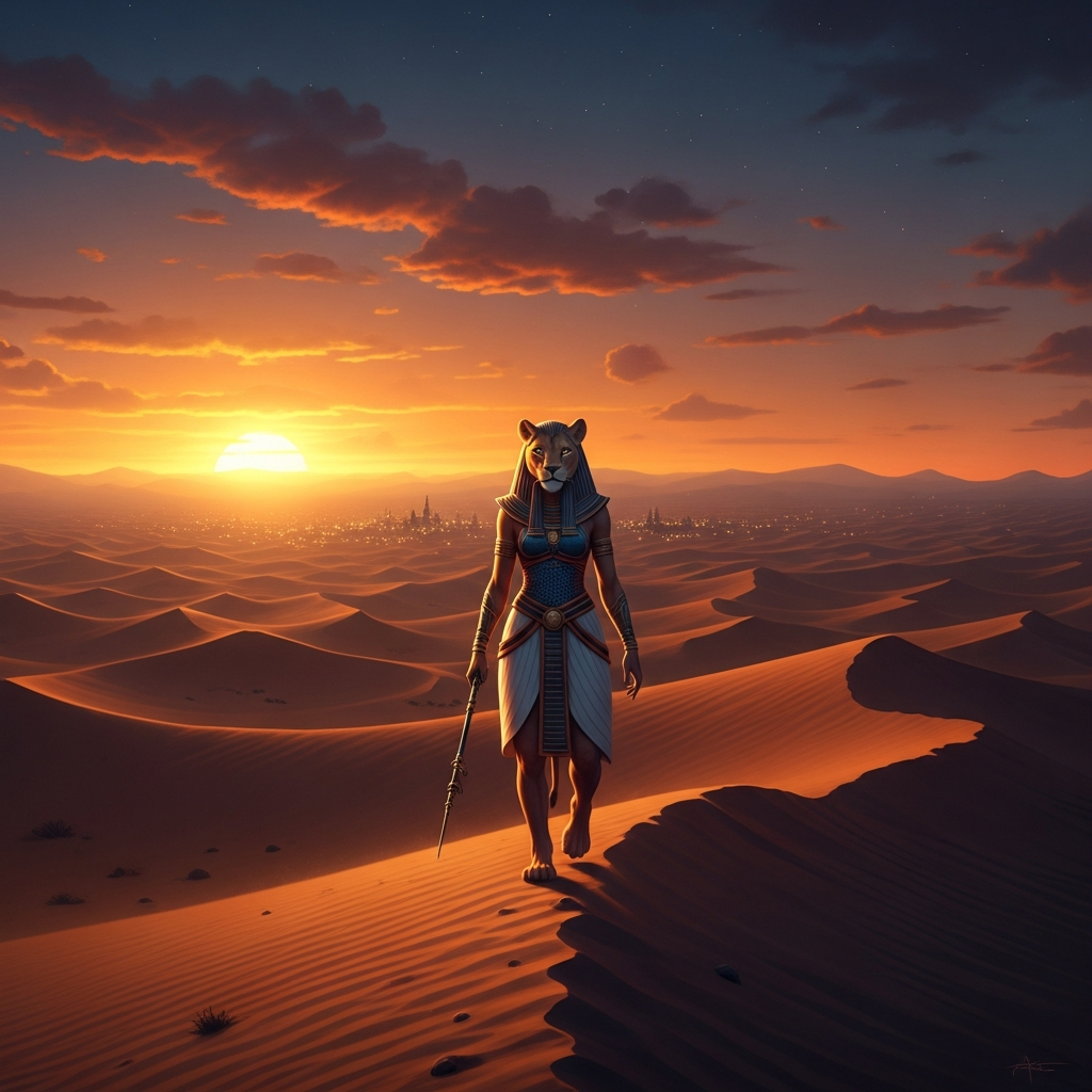 Sekhmet crosses the desert at sundown, a lioness walking upright, her body the color of the sun at its hottest, the sand behind her already red. Ahead of her the lights of human settlements flicker against the darkening horizon. She does not slow.