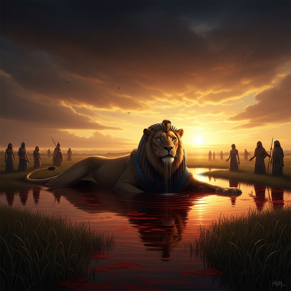 Sekhmet collapsed in the flooded field at dawn, the lioness form half-submerged in shallow red water, her great chest rising and falling slowly. Around her, the surviving humans watch from the edges of the field, not yet daring to move.