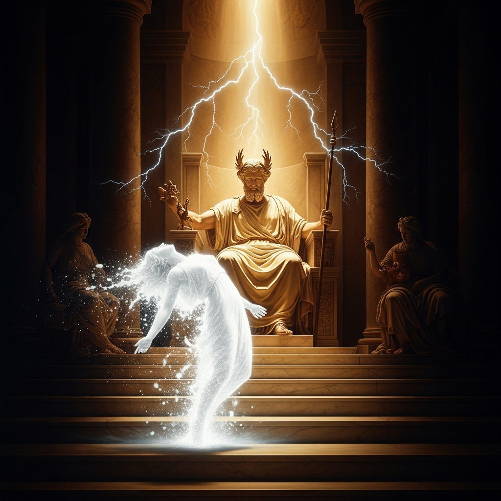 Semele before Zeus in his full divine radiance: the woman incinerated in a flash of unclouded lightning, the mortal body unable to survive what the immortal presence requires — a classical marble frieze, the throne room of the gods, the mortal woman dissolving into white light.