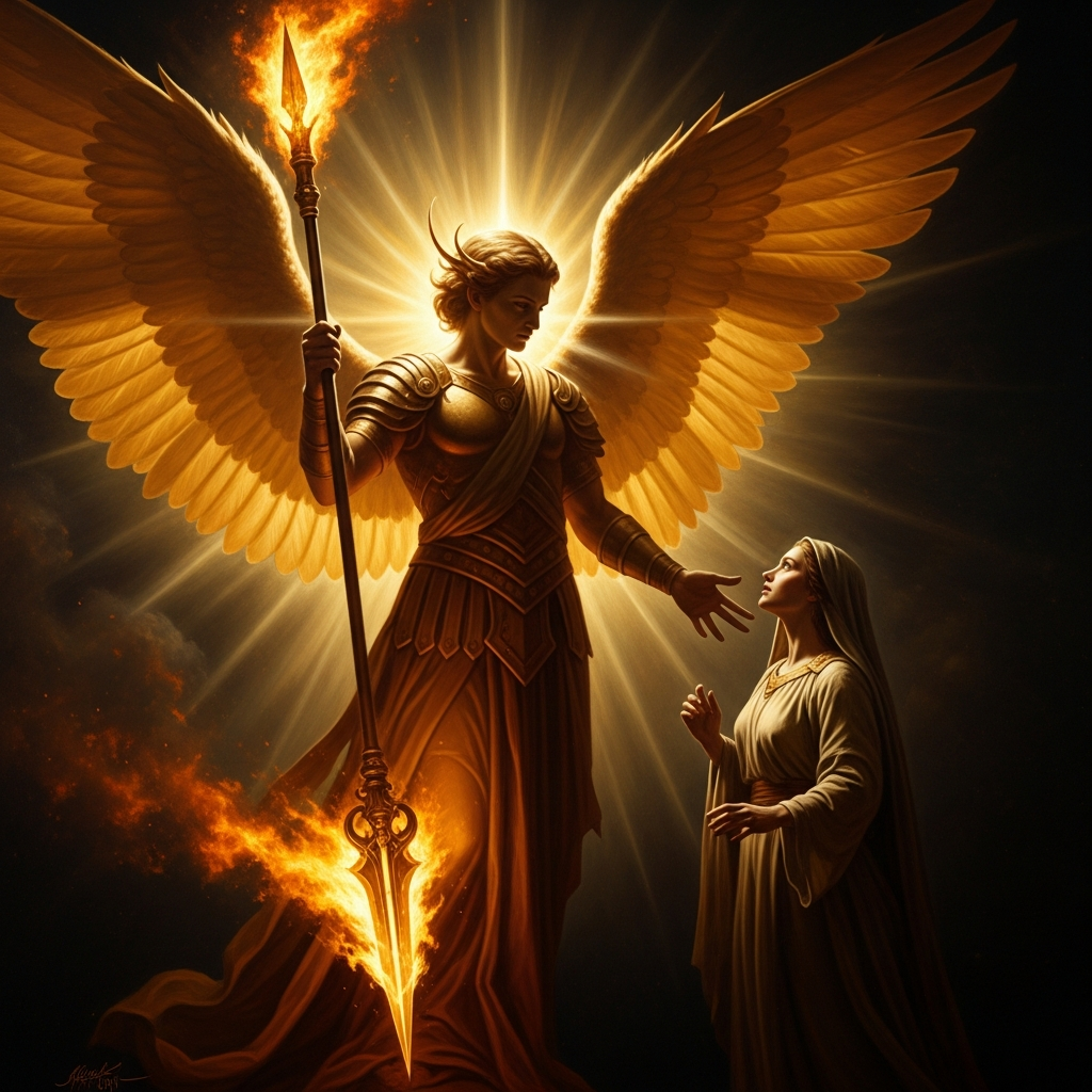 The seraph appearing beside her with the great golden spear, fire at its tip