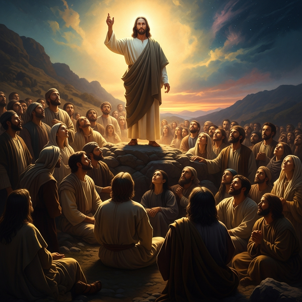 Jesus speaks the Beatitudes — blessing the poor in spirit, the mourning, the meek — while the crowd presses close on the hillside.
