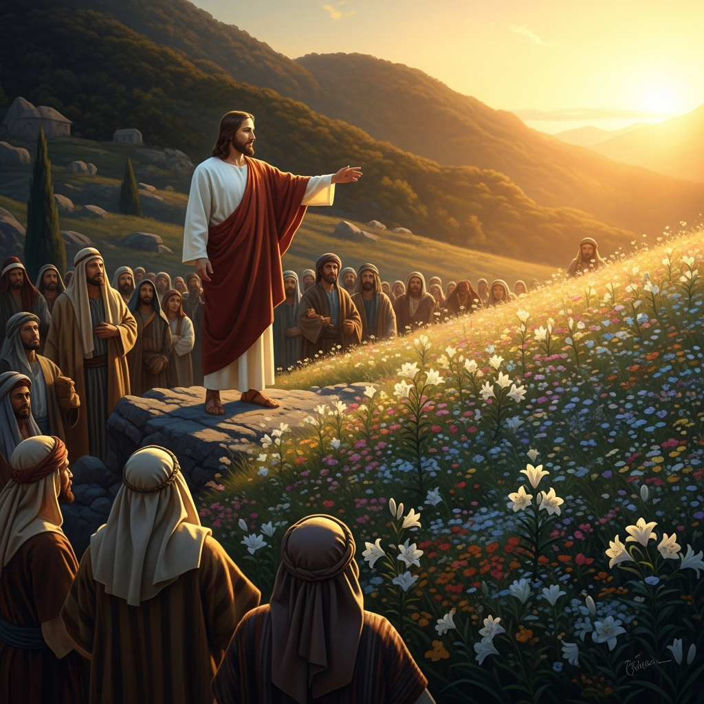 He gestures toward the wildflowers on the slope — 'Consider the lilies of the field' — and the crowd follows his hand toward the blooms.