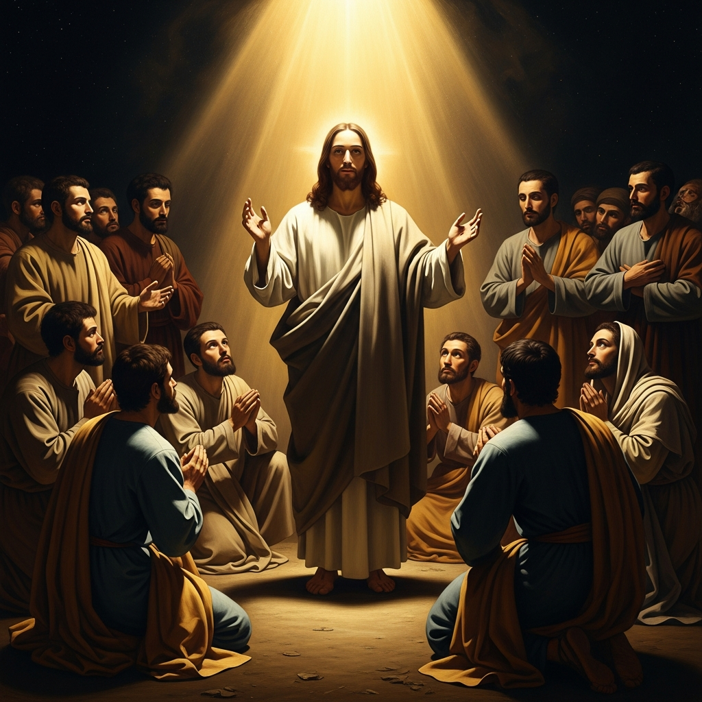 Hands raised, voice steady: Jesus teaches his disciples the prayer that will become the most repeated sentence in human history.