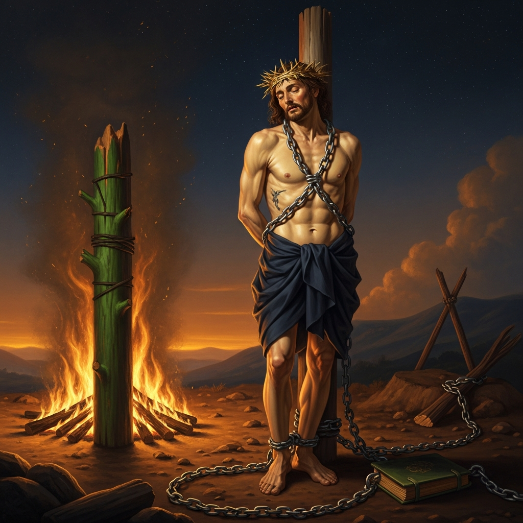 The hill of Champel above Geneva, October 27, 1553 — a green-wood fire burning slowly around a stake, Servetus bound with iron chains and a crown of straw and sulfur on his head, his book chained to his leg. The execution lasts thirty minutes. Calvin is not present.