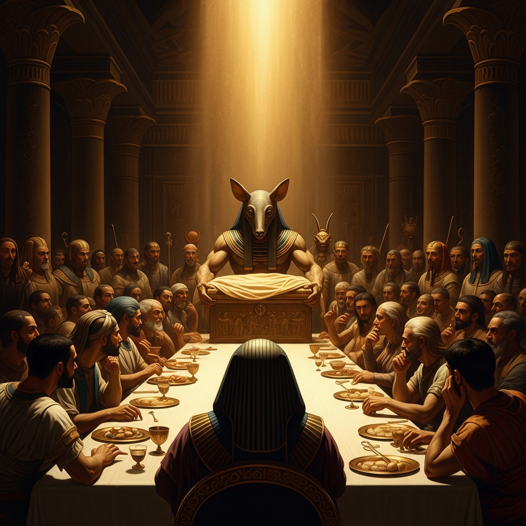 Set unveils the cedar chest at the banquet of seventy-two guests — each one a conspirator, each one already sworn.
