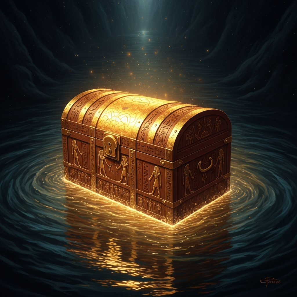 The cedar chest rides the current north — the most beautiful object in Egypt disappearing into the dark water.