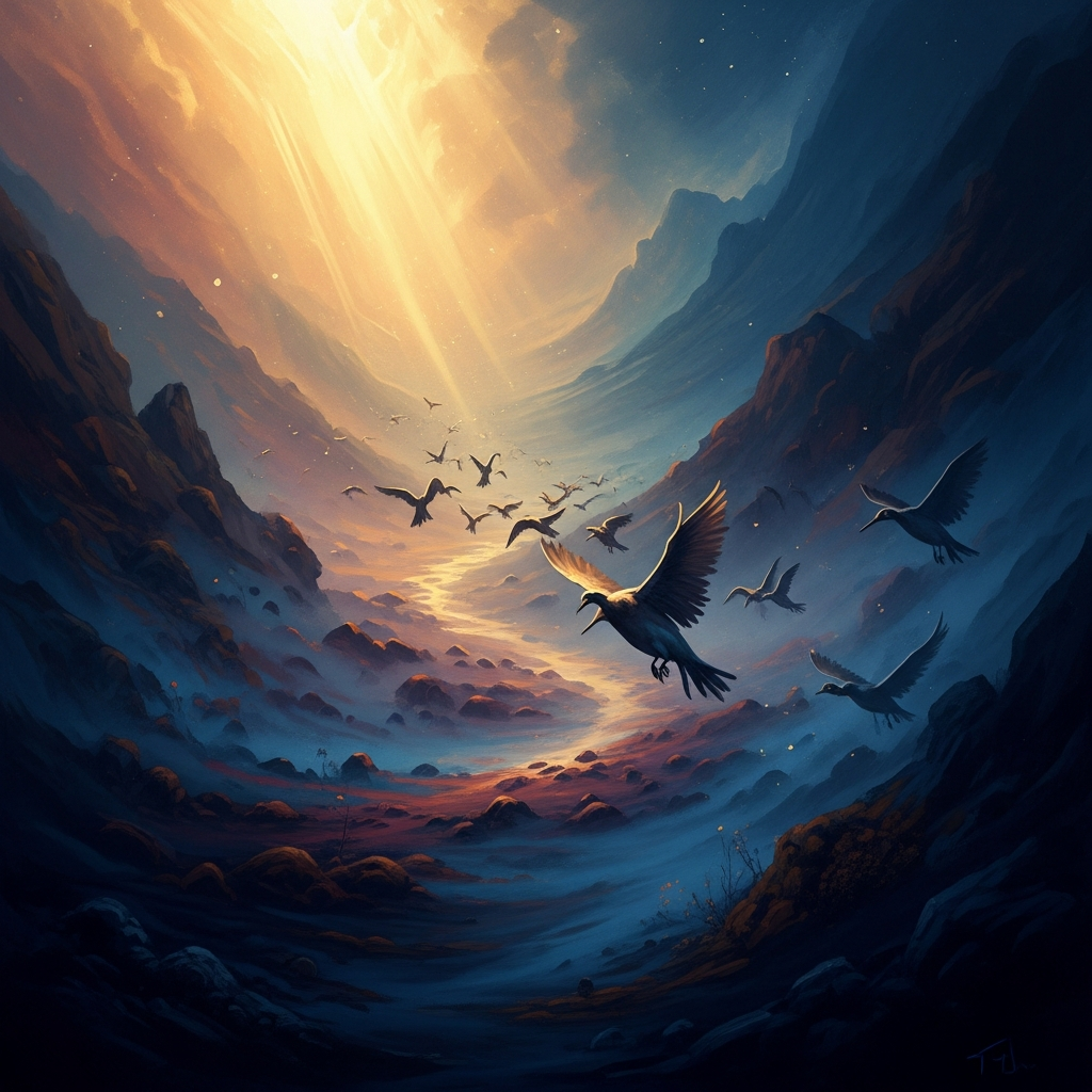 The surviving birds cross the Valley of Bewilderment, where identity dissolves and the travelers can no longer remember why they began — or who they were before they did.