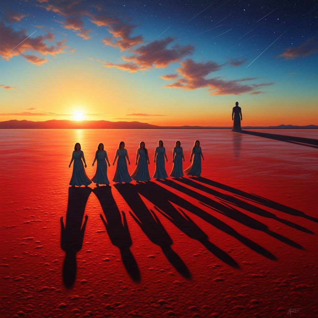 Seven women cross a red saltpan in the last light, their shadows long behind them. The man's shadow reaches toward them from the horizon but has not yet caught up. It has never caught up.