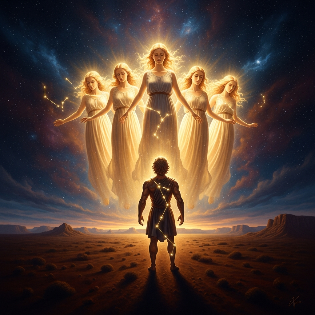 The Pleiades rise above the Central Desert horizon. Orion follows, as he always follows, angled just behind. In thirty thousand years of telling, the gap between them has not closed.