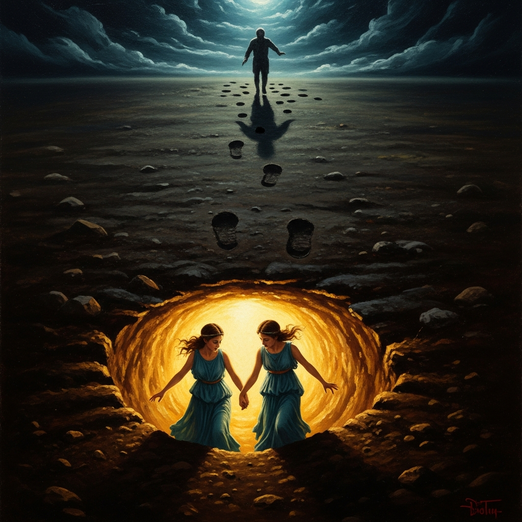 The Sisters go underground at a sacred site — the earth opens and they slip in. Above them, in the dark, the pursuer's footprints circle the hollow ground where they are sleeping. He cannot find the entrance.