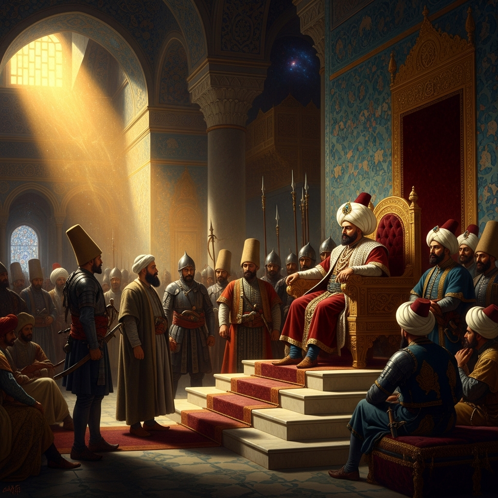 The court of Sultan Mehmed IV in Adrianople, 1666. Shabbetai Zevi is brought before the sultan's advisors. He wears a turban. The choice has been made. Behind him, through the window, the city continues as if nothing has ended.