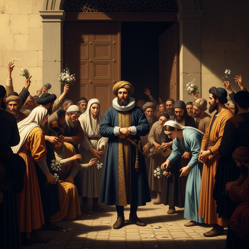 Shabbetai Zevi in Smyrna, 1665 — a crowd pressing toward him in the street, men weeping, women throwing flowers, the synagogue doors thrown open behind him. He stands with the particular stillness of a man who has spent his life believing something is true and has finally been told publicly that he was right.