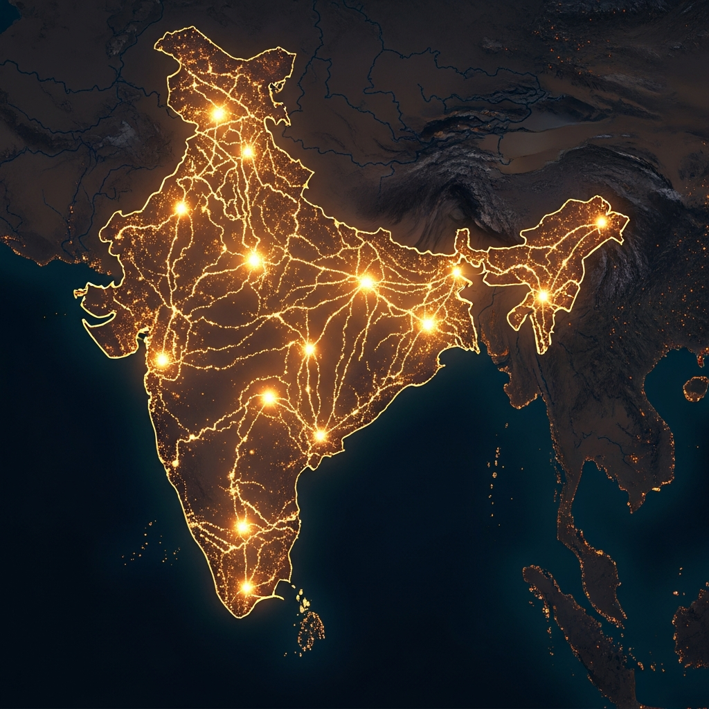 A stylized map of the subcontinent shows 51 glowing points of light from Kashmir to Kerala, each the site where a piece of Sati fell and became a living goddess — the grief of a god distributed into the sacred geography of the earth.