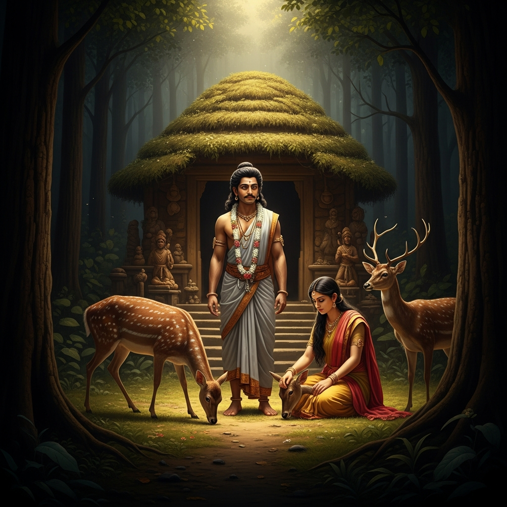 Dushyanta arrives at the forest hermitage of the sage Kanva on a hunting detour and finds it empty of all but a young woman tending the deer. The deer press against her ankles. She does not look up immediately.