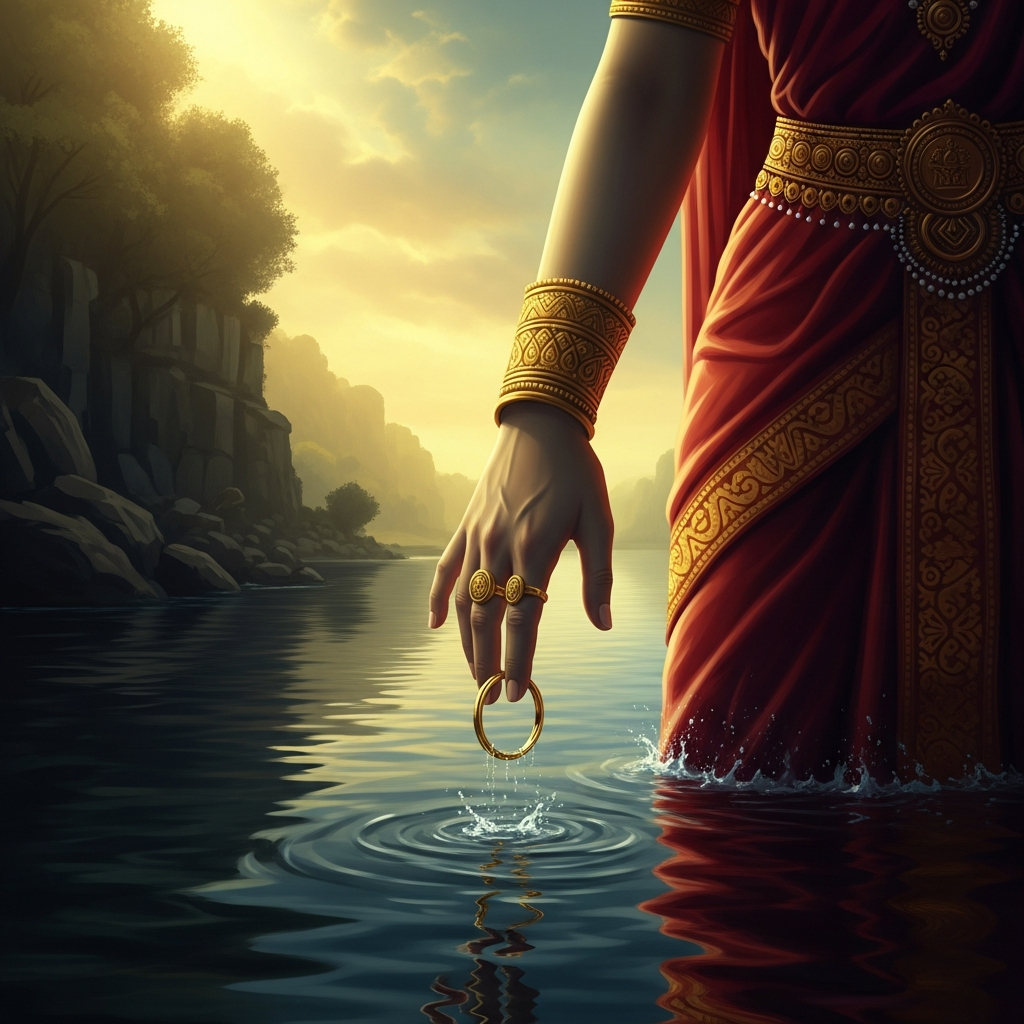 Crossing the river on the journey to Dushyanta's court, Shakuntala trails her hand in the water. The ring — gold, with the royal seal, the one proof she carries — slides from her finger and is gone before she knows it is going.