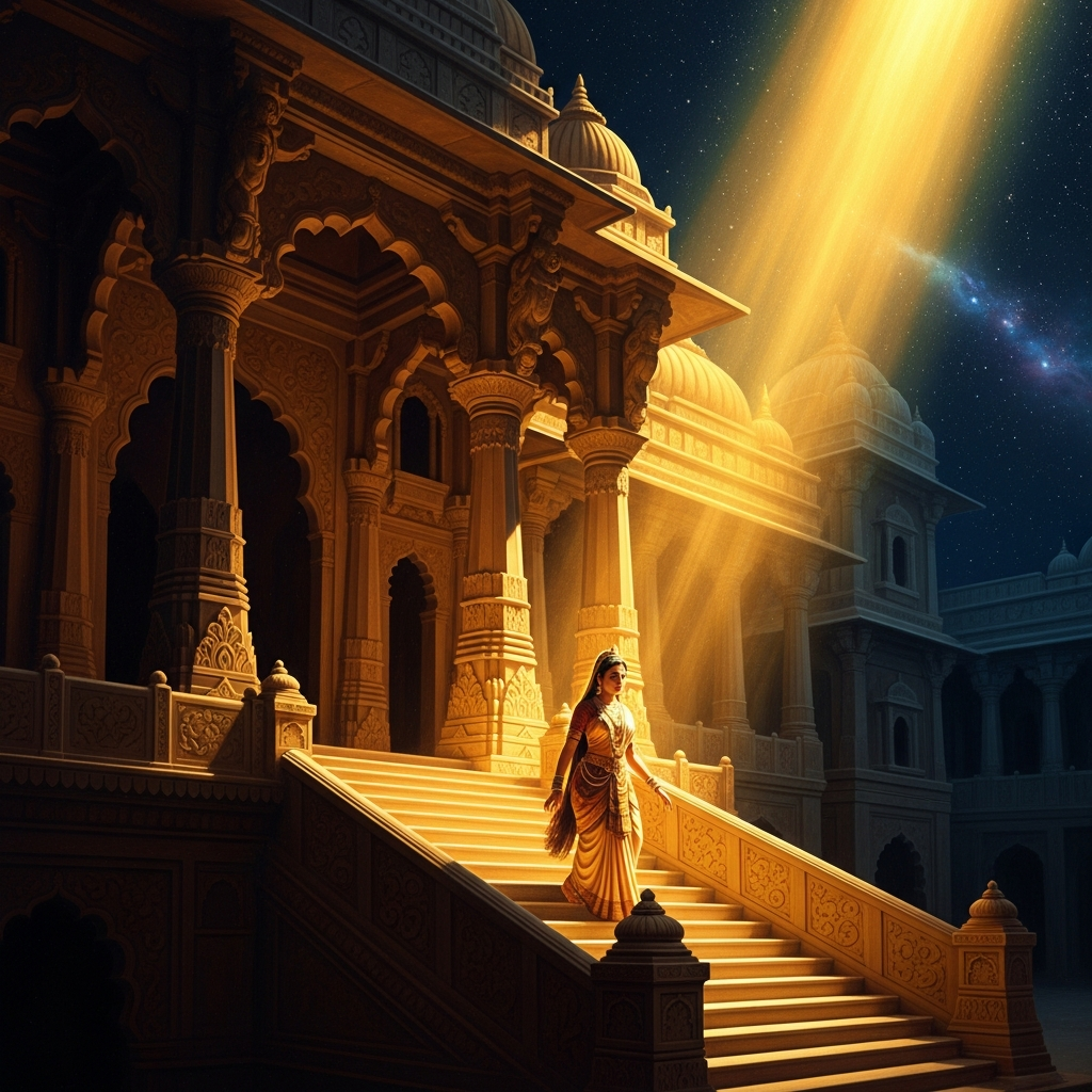 The palace of Shalibhadra in Rajagriha. His mother Bhadra is ascending the stairs with that day's portion of the world: musicians from the southern coast, fruits from the mountain valleys, cloth from the looms of Magadha. He has not been outside in years. He is not restless.