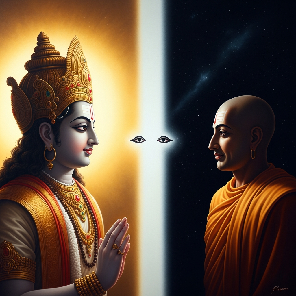 The meeting between Shalibhadra and Mahavira. Two men looking at each other across the most extreme possible distance — absolute maximum and absolute minimum of sensory life. The meeting is brief. Shalibhadra's thirty-two wives wait in the palace he will not return to.