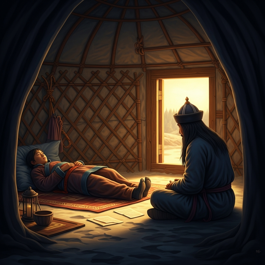 The young böö lies in his ger in a fever that has lasted eighteen days. His teacher sits outside, cross-legged in the cold, listening to the quality of the sounds from within. He does not enter. The spirits have not finished.