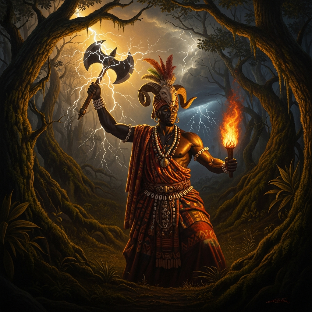 Deep in the forest, Shango's rope hangs from the ayan tree. His disciples arrive to find it swinging, empty. The ground beneath it is bare. He has not died — he has risen.