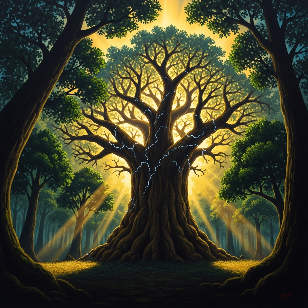 The ayan tree in the dense forest, Shango's rope hanging empty from the lowest branch, swinging in no wind. The disciples stand in a ring below and look up through the canopy at a sky that has been reorganized.