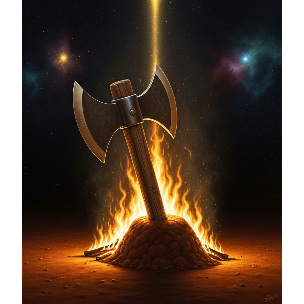 The first Shango shrine at Oyo: a double-bladed axe driven into sacred clay, the oshe, set before fire. The double blade represents both the lightning strike and the one who sent it.