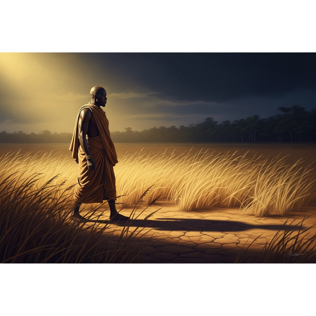 Shango walks north from Oyo in the dry season, alone, no regalia, no retinue — the king who was abandoned by his generals moving through the harmattan grass toward the forest where the ayan trees grow.