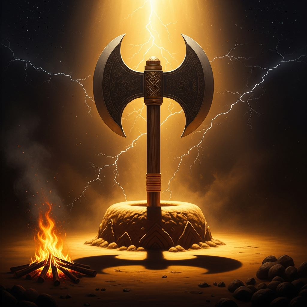 The double-bladed axe of Shango — the oshe — driven into sacred clay at the first shrine at Oyo, before fire, the thunder answering each time a praise-name is spoken.