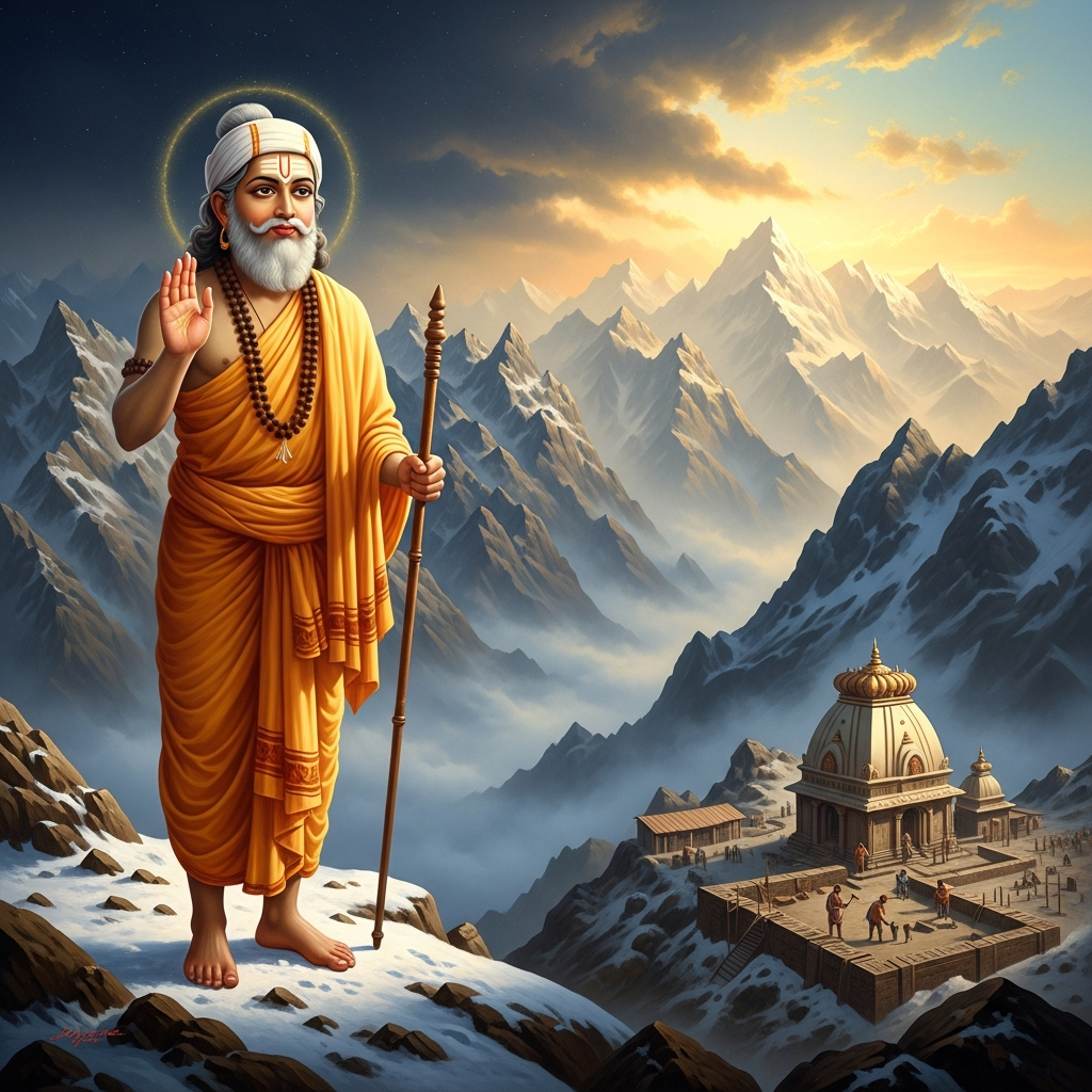 Shankara reaches Badrinath in the high Himalayas and establishes the northern monastery — one of the four cardinal mathas at the four corners of the subcontinent. He is in his twenties. He has perhaps a decade left.
