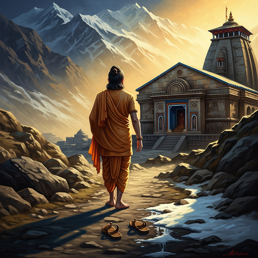 At thirty-two he walks behind the Kedarnath temple and does not return. The disciples find only his sandals. The argument about where the body lies — Kedarnath, Kanchipuram, somewhere else — has not been settled in twelve hundred years.