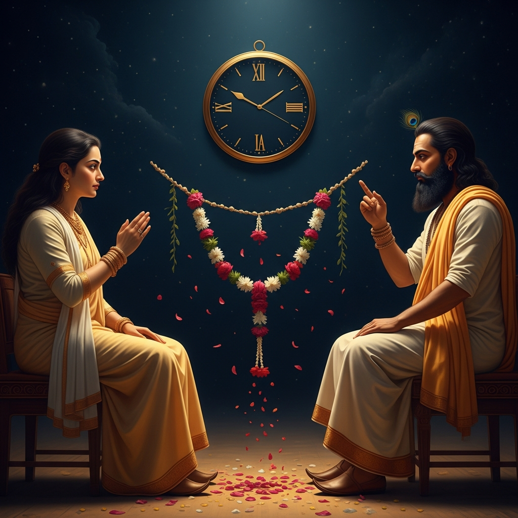 The debate with Mandana Misra runs seventeen days. A garland of fresh flowers hung between the two men serves as the clock — when the petals on one side begin to wilt, that man is losing. On the eighteenth morning, Mandana's garland has turned brown.