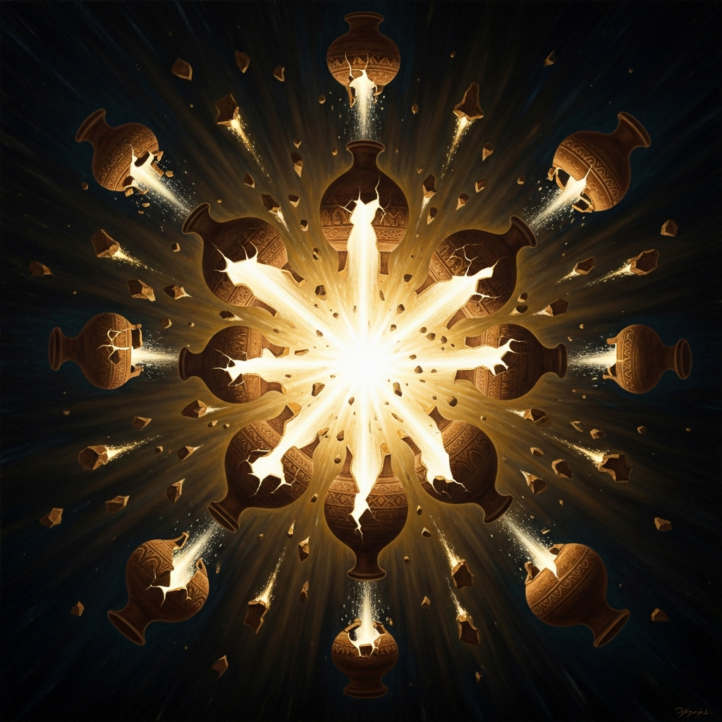 The ten vessels of the Sefirot at the moment of rupture — light blazing through cracked clay, shards suspended in darkness, each fragment trailing a spark that does not go out. The catastrophe that makes the world possible.