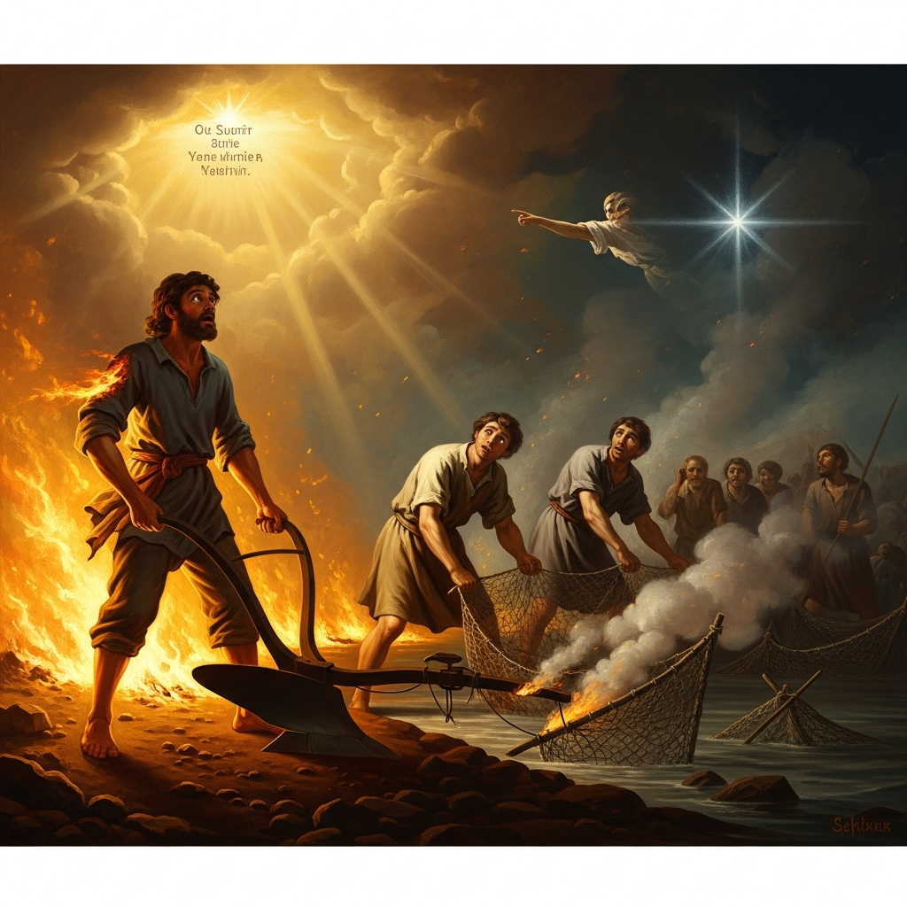 At first emergence, whatever their eyes fall on bursts into flame — the plowman scorched, the fishermen's nets ash — and the voice from heaven sends them back.