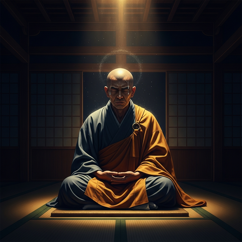 Mount Hiei. Twenty years of keeping the precepts in the cold. The meditation hall at three in the morning. He cannot produce the awakened mind.