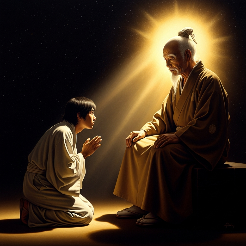 Yoshimizu, 1201. He prostrates himself before Hōnen. The old teacher looks at him without hierarchy. The teaching begins.