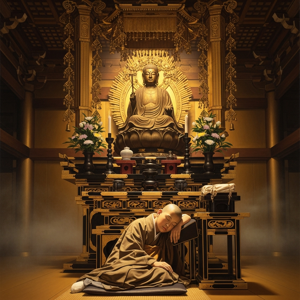 Rokkaku-dō, Kyoto. Shinran sleeps before the altar of Prince Shōtoku for a hundred days. On the ninety-fifth day he receives a dream. He descends.