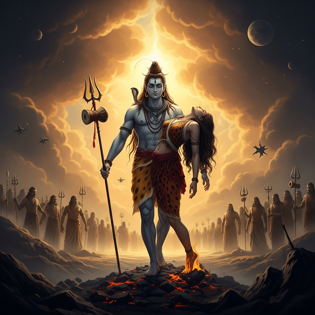 Shiva lifts her burned body from the ashes and begins walking. He walks through heaven, earth, and the underworld. The three worlds shake. The gods follow at a distance, not knowing how to stop a grief that has the weight of destruction behind it.