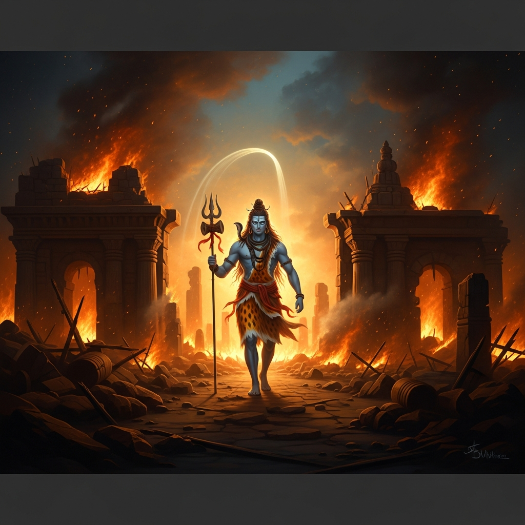 Shiva strides across the burning ruins of Daksha's palace, Sati's body cradled against his chest, his hair a storm of matted locks, the trident bright as lightning. The sky behind him is the color of old blood.