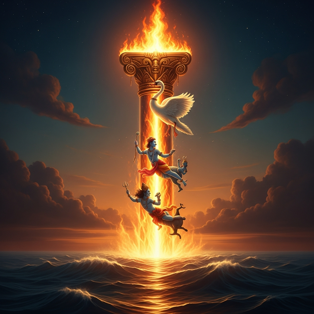 A column of fire rises from the ocean of dissolution and pierces the sky without limit — Brahma as a swan climbing its right side, Vishnu as a boar diving along its left. The pillar has no color that fire ordinarily has; it is the light before light was separated from darkness.