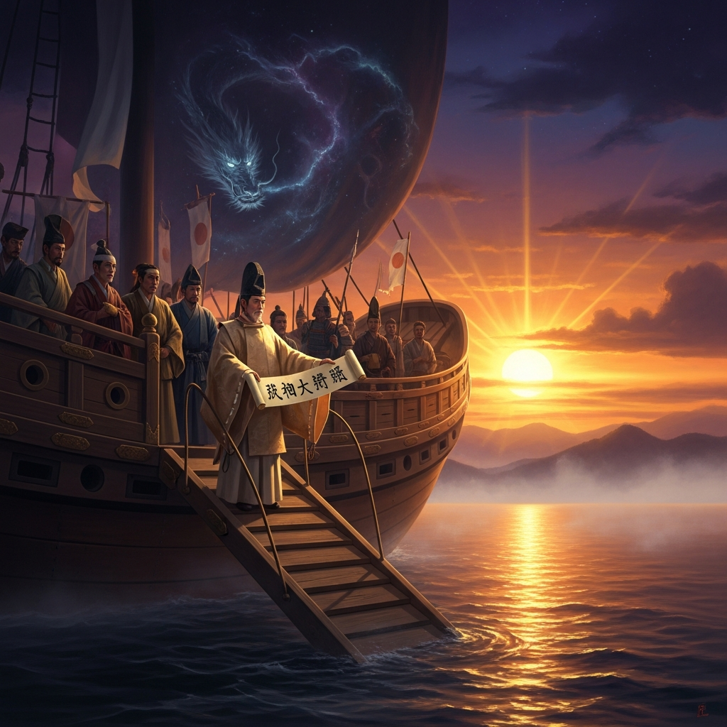 The embassy to Sui China departs, carrying Shōtoku's famous letter: *From the sovereign of the land of the rising sun to the sovereign of the land of the setting sun.*