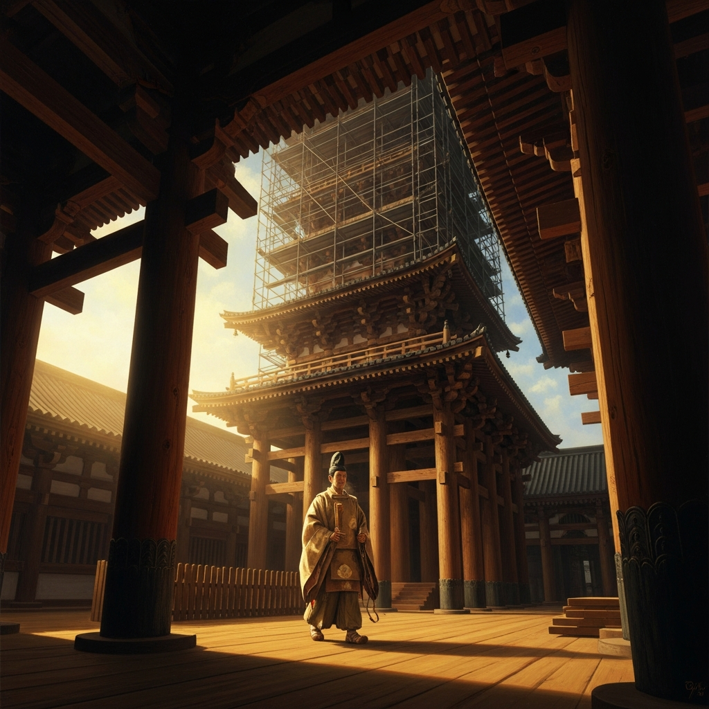 Hōryū-ji rises at Ikaruga. The wooden pillars are fitted without nails. Shōtoku walks the construction site and recites the *Vimalakirti Sutra* from memory.