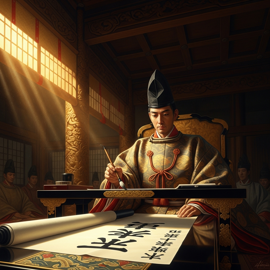 The regent's hall at Asuka, 604 CE. Shōtoku Taishi sets the brush to silk and writes the first article: harmony above all things.