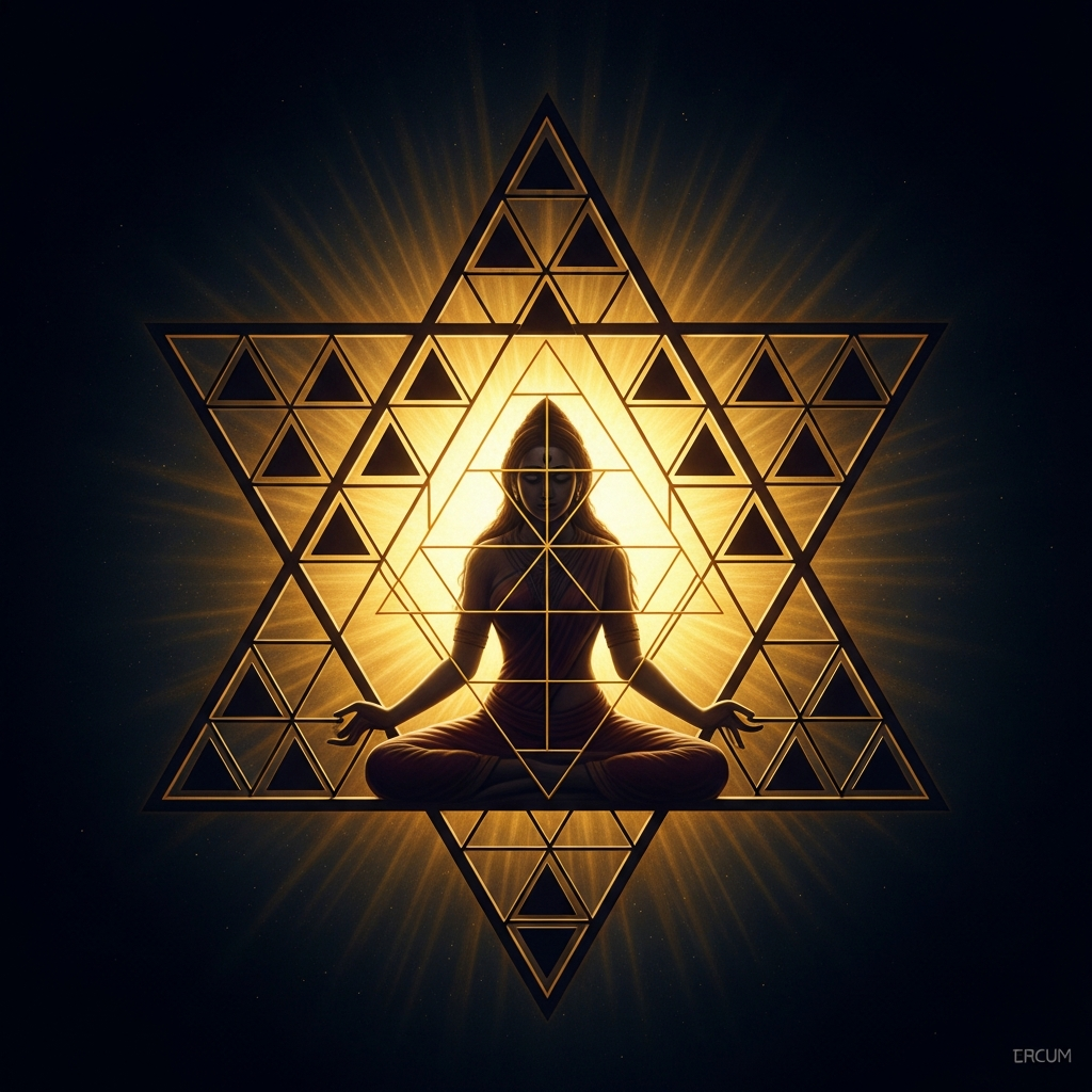The Shri Chakra — nine interlocking triangles generating forty-three smaller triangles, the geometric body of the goddess — is the map of her palace, the diagram of her being, and the object that focuses worship. The bindu at the center is where she sits.