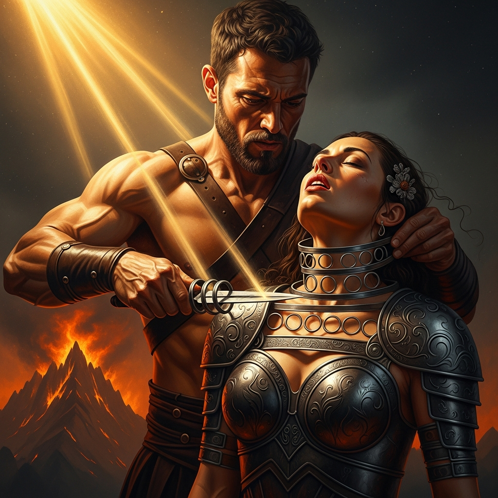 The armor has grown into her skin. He cuts it free ring by ring. She breathes as if for the first time. The mountain is still burning below them.