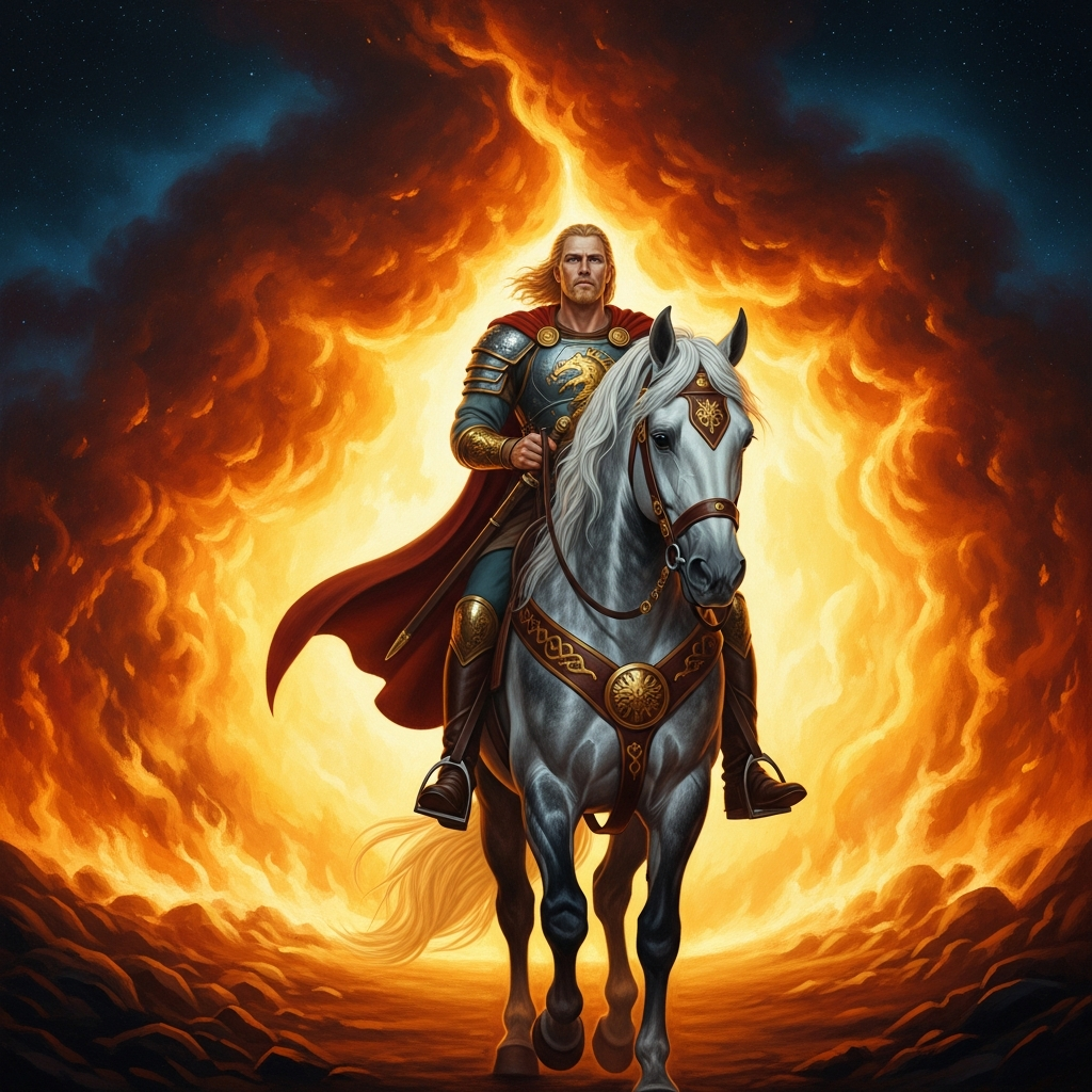 Sigurd on Grani, who does not flinch at fire. The flames open as if they recognize the only rider they will permit. He does not look back.