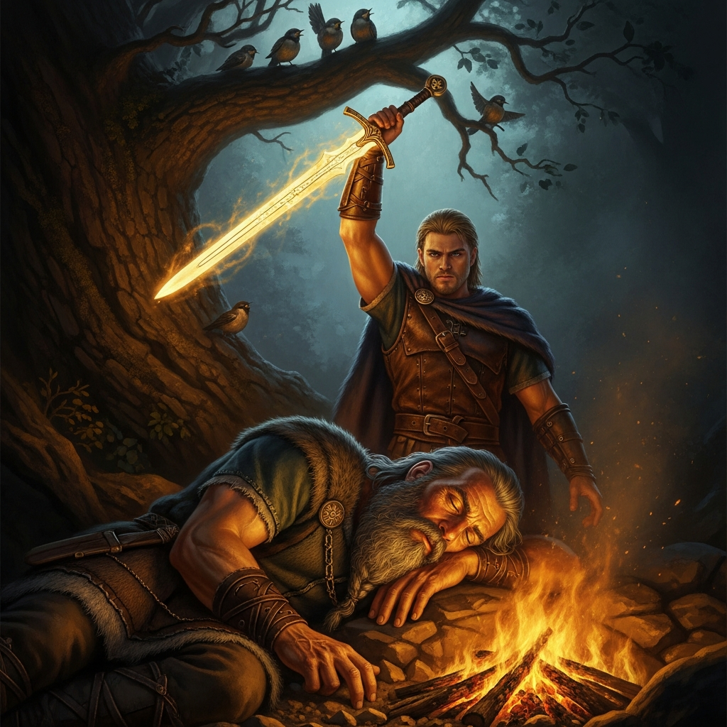 Regin sleeping by the fire, dreaming of the gold. Sigurd stands over him with Gram raised. The birds in the branches above are still singing. He brings the sword down.