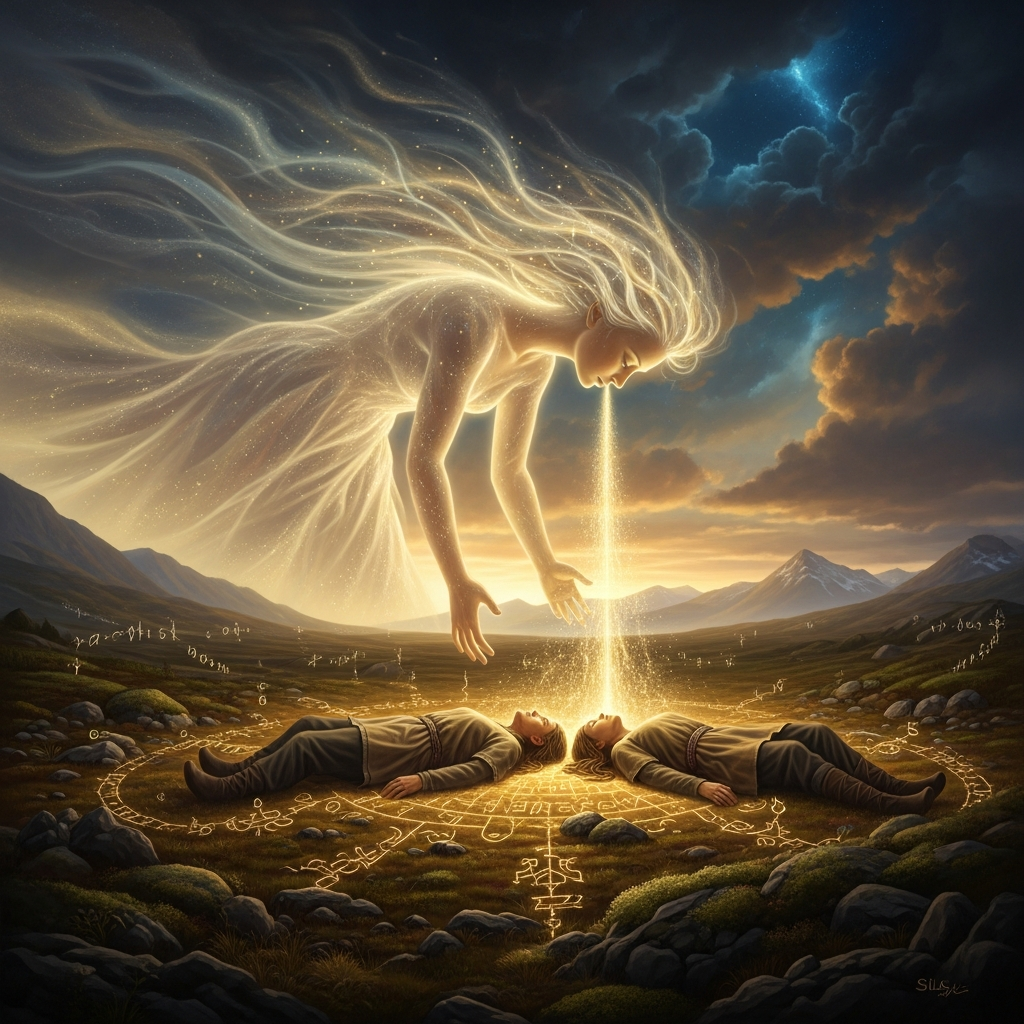 Sila — the wind-spirit, the consciousness that moves in all things — bends over the two figures and breathes. Their eyes open. The tundra around them suddenly has a name for what it is.