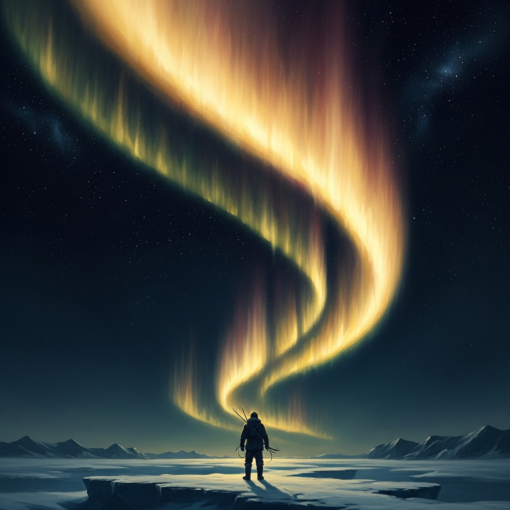 The Arctic sky at the moment the northern lights appear — the hunter on the ice below, the lights above, and the sense of being inside a system of intelligence so large that the word 'inside' loses its ordinary meaning. Sila is not above the hunter. Sila is the medium the hunter is suspended in.
